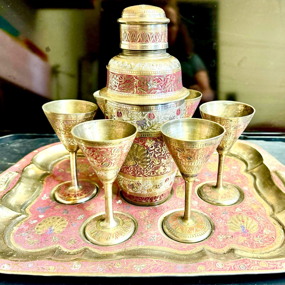 Vintage barware(indian, Arabic, maybe Pakistani?)
shaker and cups set with tray.